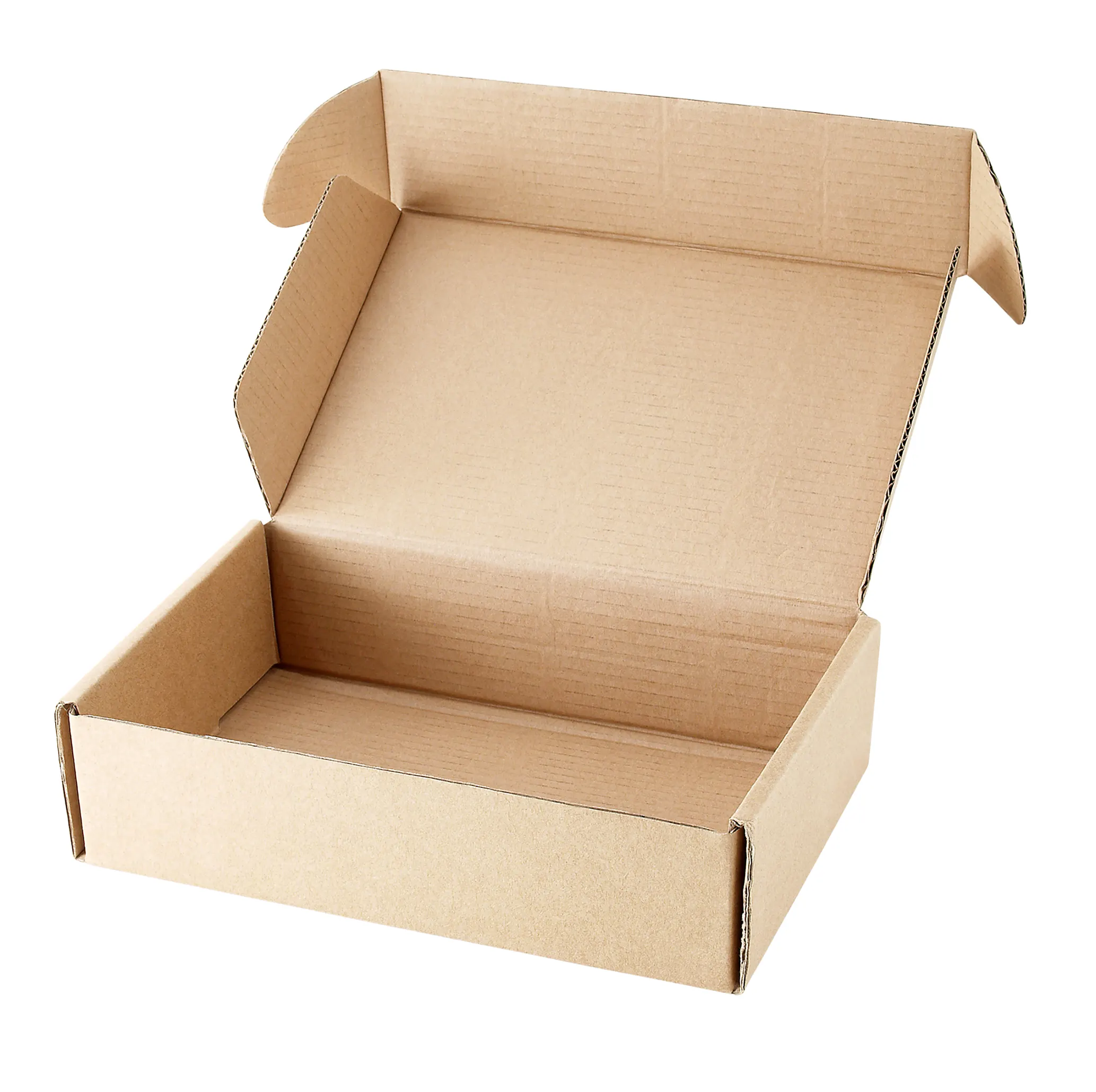 Caja de cartón automontable abierta, ideal para embalaje y presentación de productos.