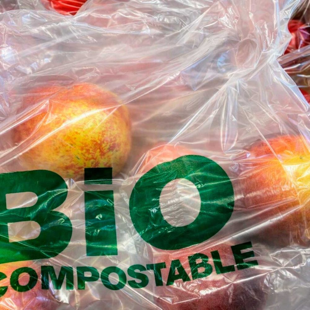 Bolsa biodegradable y compostable para uso alimentario, fabricada con materiales de origen biológico, ideal para frutas y verduras y diseñada para descomponerse de forma sostenible tras su uso.
