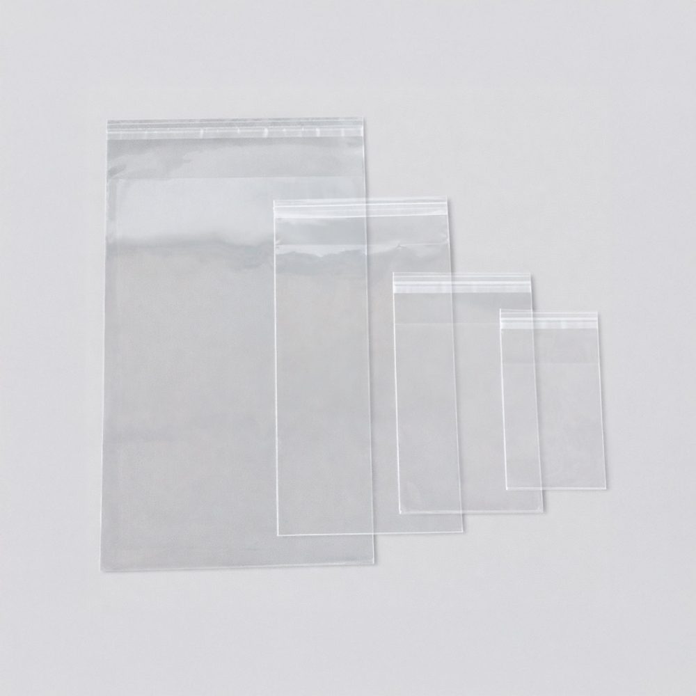 Bolsas de plástico transparentes con cierre hermético tipo zip, disponibles en varios tamaños, ideales para almacenamiento, organización y protección de pequeños productos.