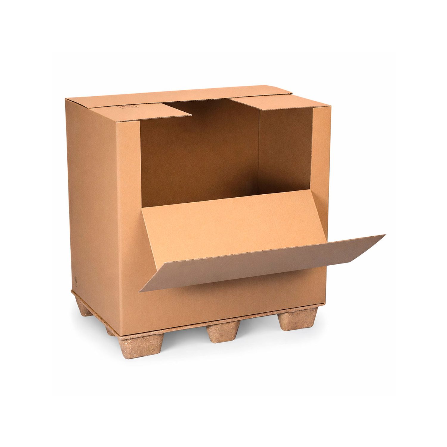 Box palet de cartón con apertura frontal y protección interior para almacenaje y transporte.