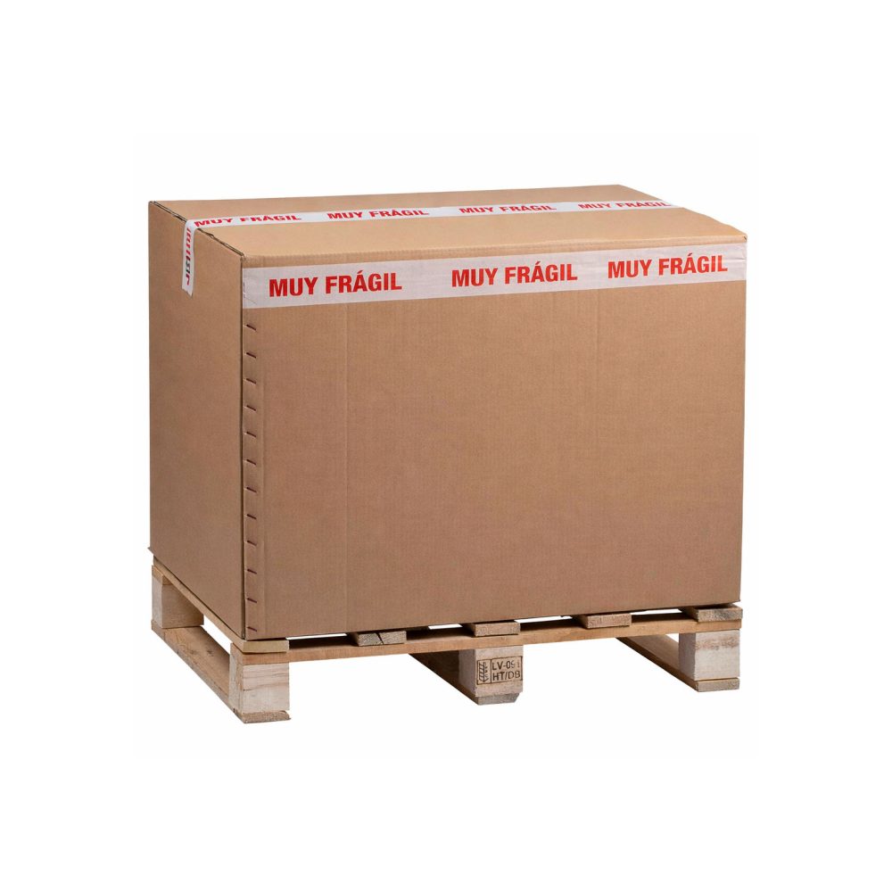 Caja de cartón sobre palet con protección interior y precinto “Muy frágil” para transporte seguro.