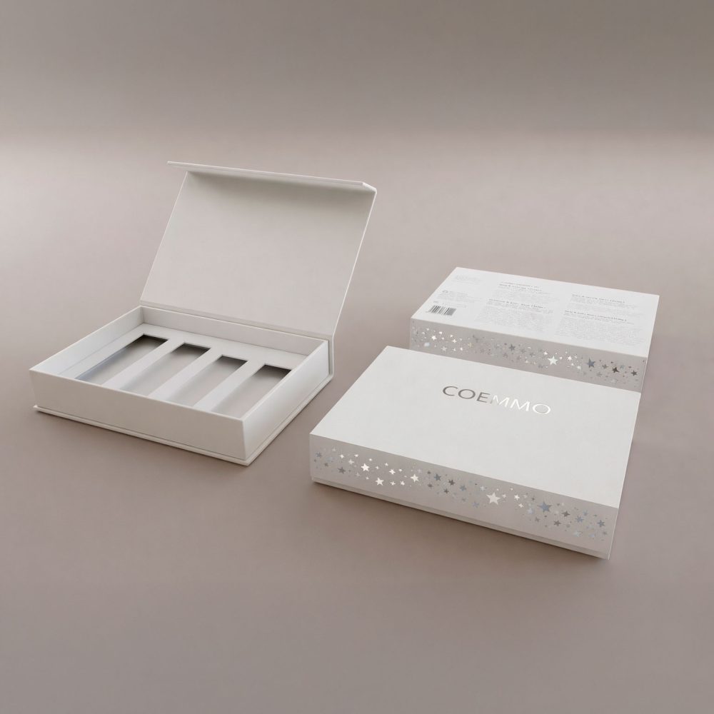 Caja premium rígida con tapa abatible y cierre magnético, acabado elegante y personalizado.