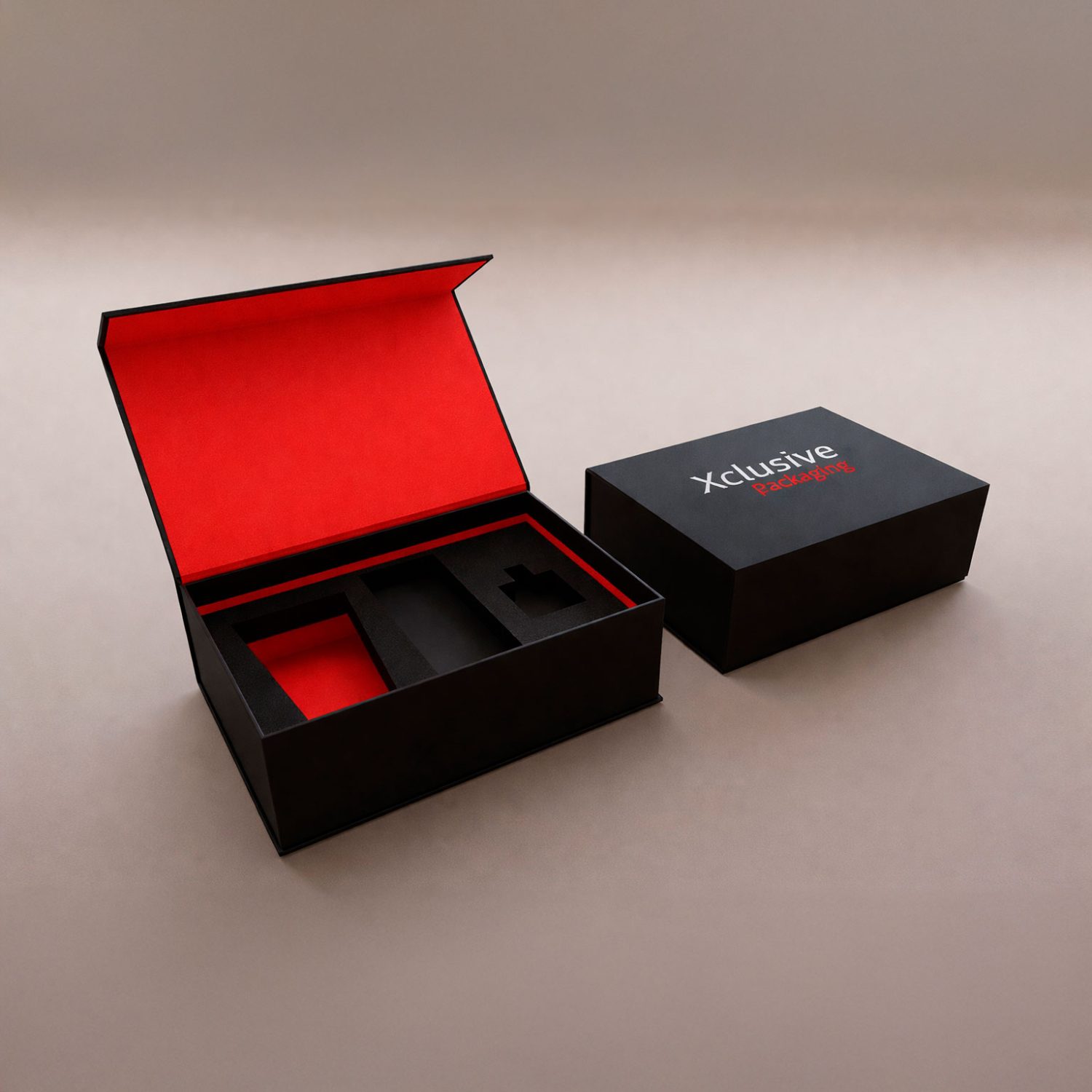 Caja premium rígida negra con interior rojo e inserto personalizado y cierre magnético.