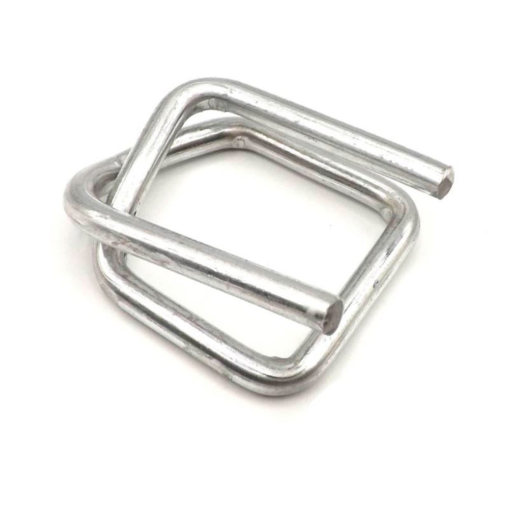 Bucle metálico para asegurar fleje textil en embalajes.