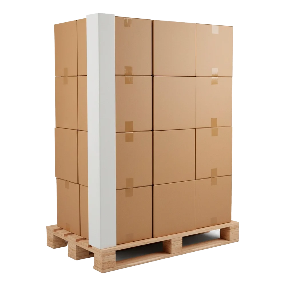 Cantonera de cartón rígido para reforzar y proteger cajas paletizadas durante el transporte.