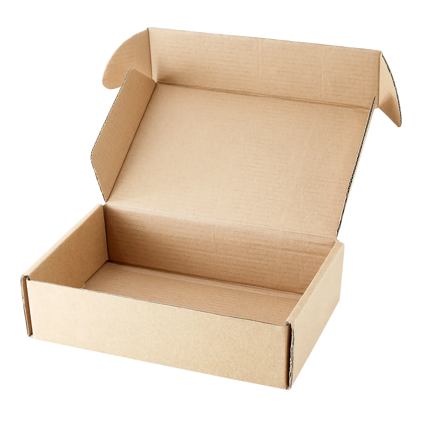 Caja de cartón automontable abierta, ideal para embalaje y presentación de productos.