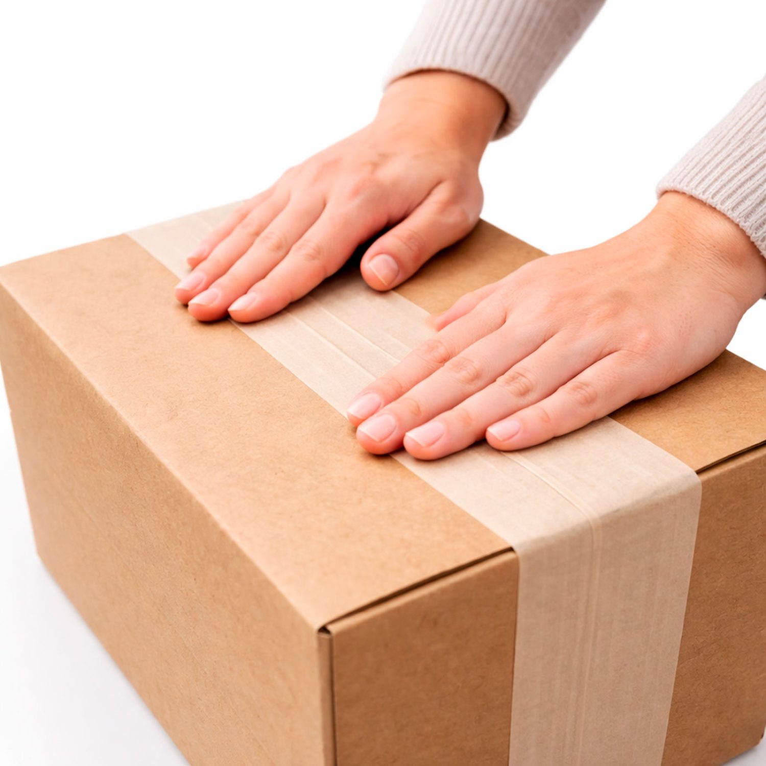 Aplicación de cinta kraft engomada para cierre resistente y ecológico de cajas de cartón.