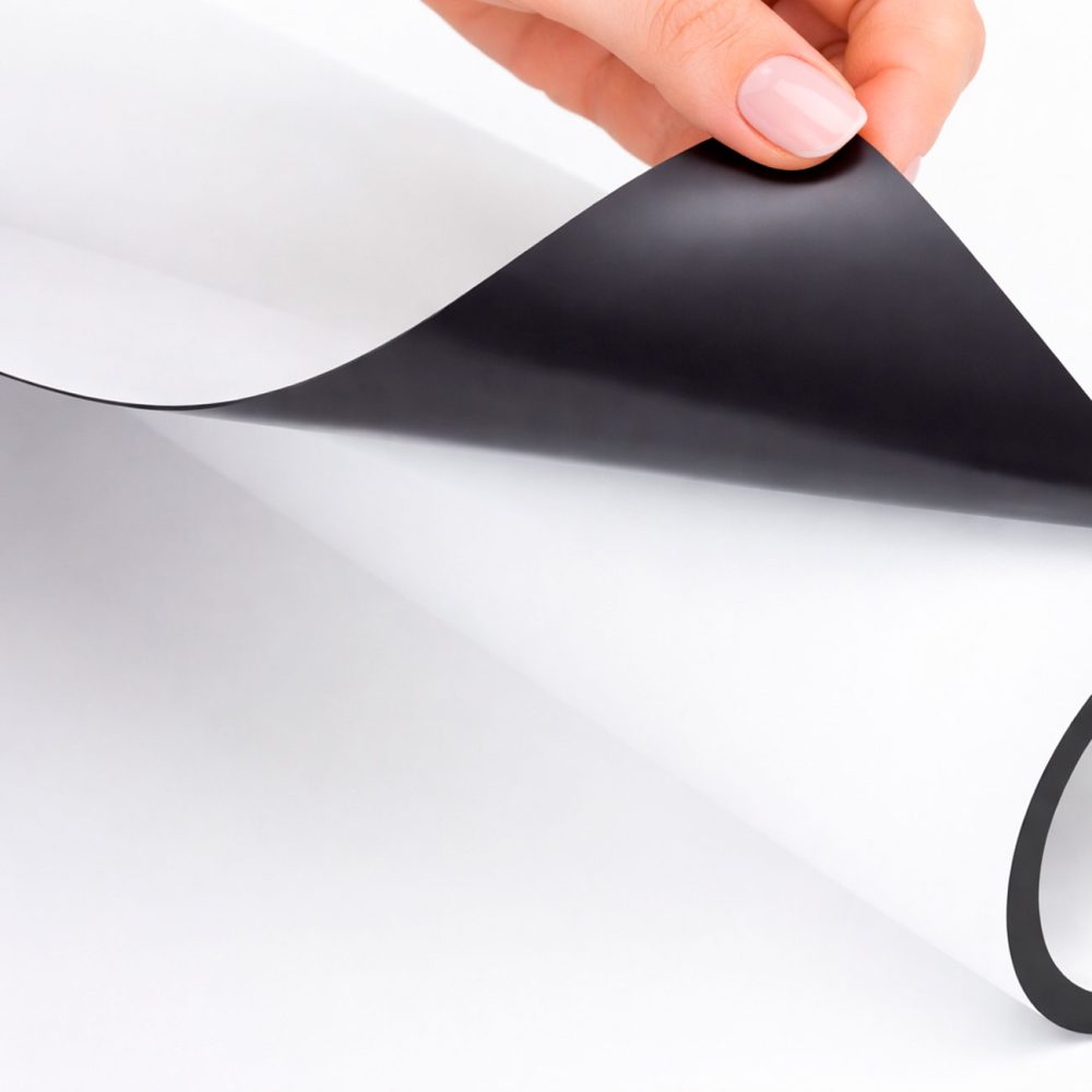 Lámina magnética flexible en rollo, ideal para señalización y aplicaciones adheribles a superficies metálicas.