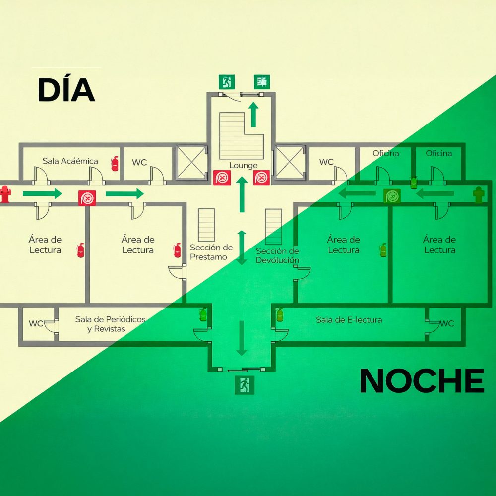 Plano de evacuación día/noche impreso en panel PVC fotoluminiscente, visible en condiciones de baja luz.
