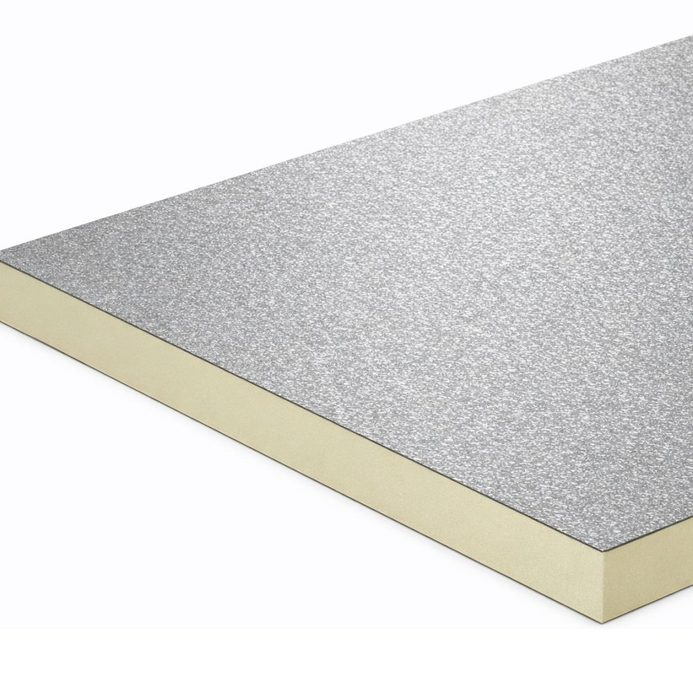 Plancha PIR-ALU con núcleo aislante rígido y revestimiento de aluminio gofrado, ideal para aislamiento térmico de alto rendimiento.