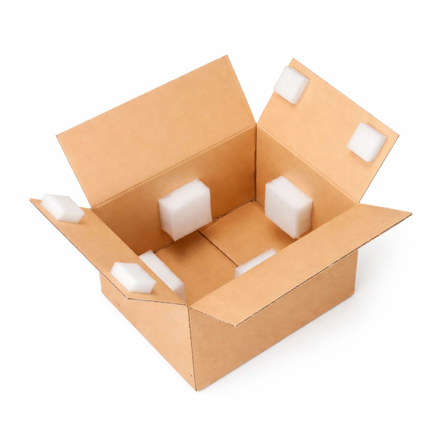 Tacos de espuma adhesivos para fijación y protección en embalaje.